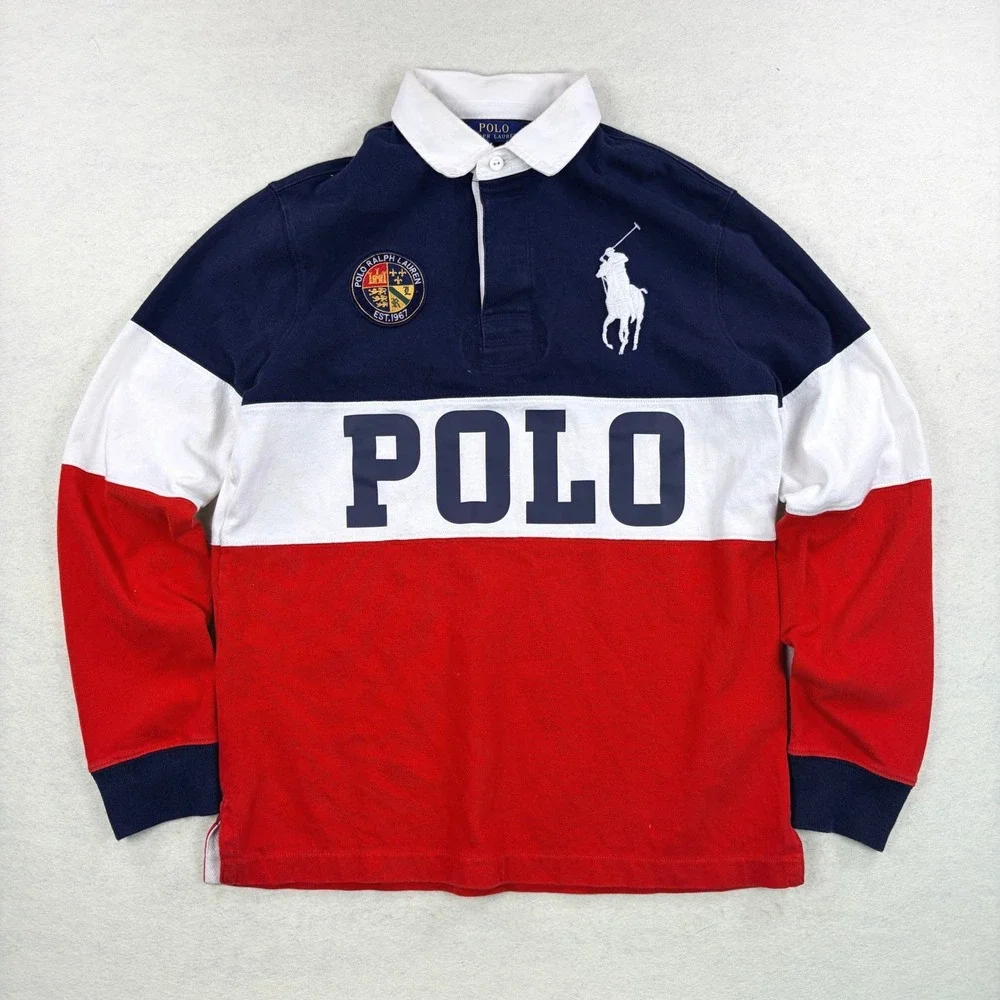 Polo Ralph Lauren Mens Custom Slim Fit Rugby Shirt Navy Red White Large Pony M